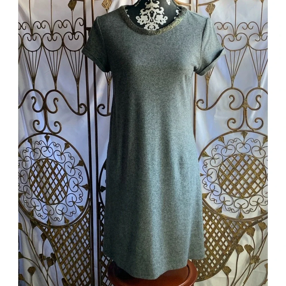 LOFT Women Gray Jewel Neck Short Sleeve Casual Shift Dress Size S